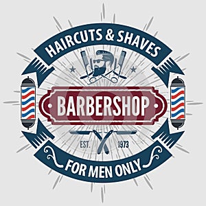 Barbershop poster, banner, label, badge, or emblem on gray background with barber pole in vintage style. Vector illustration