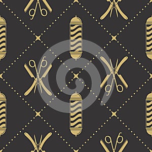 Barbershop seamless pattern with barber pole, hairdressing scissors and razor. Vector illustration