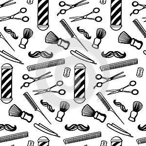 Barbershop seamless pattern, black on white repeating pattern. Print for men s barber shop. A set of accessories for men