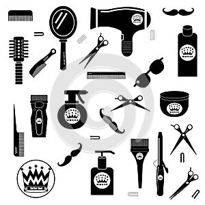 Barbershop set or hairdresser icon in black color isolated on white background. Vector EPS 10
