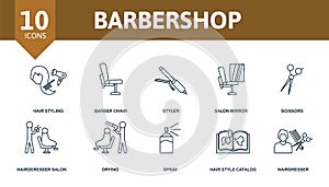 Barbershop set icon. Editable icons barbershop theme such as hair styling, styler, scissors and more.