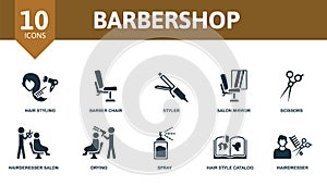 Barbershop set icon. Editable icons barbershop theme such as hair styling, styler, scissors and more.
