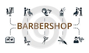 Barbershop set icon. Editable icons barbershop theme such as hair styling, styler, scissors and more.