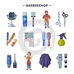 Barbershop Set, Professional Hairdressers and Professional Tools, Hairdressing Salon, Hair Studio Service Design Cartoon