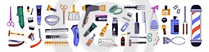 Barbershop supplies set. Different hairdressing tools. Equipments for beard, moustache care, hair cut, shave. Scissors