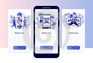 Barbershop. Tiny people barbers care hair and beard. Haircut, beard trimming and shaving services concept. Screen