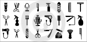 Barbershop utensils icon set. Hair salon icons, Hairstylist vector icons set. Contain symbol of clipper, barber pole, comb, razor