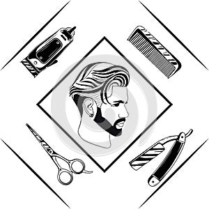 barbeshop logo illustration vector, face vector, hairdresser beard haircut barbershop sign, shave saloon hair