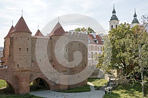 The Barbican and City Walls in Old Town of Warsaw, Poland