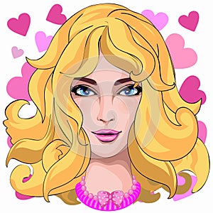 Barbie Blondie Pink Beauty Portrait with Hearts all around Vector Illustration isolated on white.