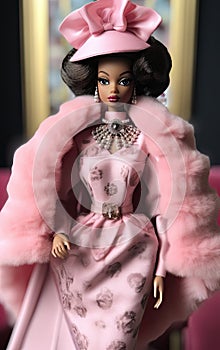 a barbie doll in a pink dress and hat