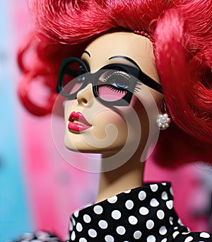 a barbie doll with red hair and glasses