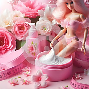 A barbie doll sits on a pink container filled with cream