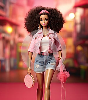 a barbie doll wearing a pink jacket and purse