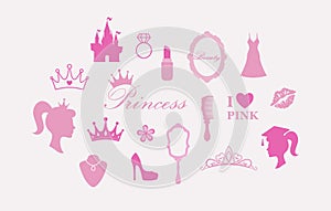 Barbie Princess. Cute pink barbie princess icons. Makeup, beauty, dress, castle, crown. Vector