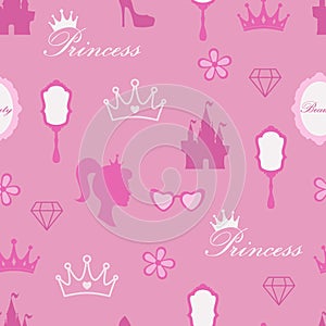 Barbie Princess portrait silhouette. Castle, crown, makeup mirror. Seamless pattern. Vector
