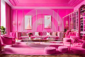 Barbie themed villa, beautiful interior gallery of a barbie villa - AI Generated