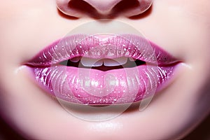 Barbiecore full sensual lips Pink glitter lipstick. Generative AI illustration