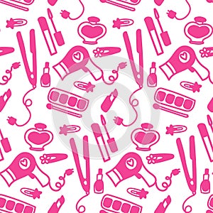 Barbiecore seamless pattern. Pink flat illustration featuring cosmetics, hairdryer, and styler. Vector illustration