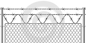 Barbwire fence. Realistic metal military border for secured territory. Metallic mesh fencing section with barbed wire