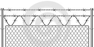 Barbwire fence. Realistic metal military border for secured territory. Metallic mesh fencing section with barbed wire. Grid