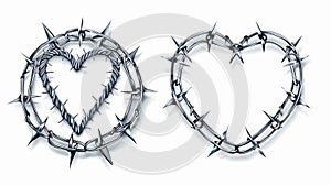 Barbwire set. Circle, square, and heart-shaped frames from twisted wire with barbs isolated on white background. Modern