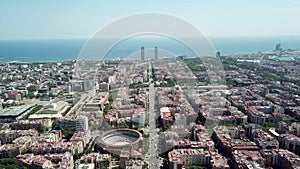 Barcelona aerial view of Eixample neighborhood and it`s perfectly squared blocks