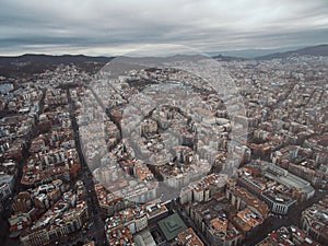 Barcelona aerial view, famous example residencial district urban forms, Spain. Late evening light