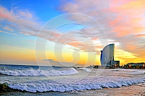 Barcelona beach on sunset