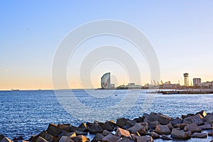 Barcelona Beach at sunset Platja Nova Icaria or Barceloneta