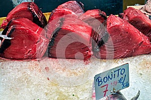 Barcelona. Catalonia. Spain. The Mercat de Sant Josep de la Boqueria. Fresh tuna at fishmonger stall