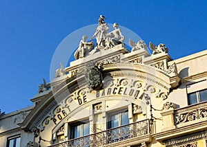Barcelona, Catalonia / Spain - Sept. 7, 2016: a closeup of the facade of The Old Customs House at Port Vell in Barcelona, Spain