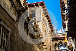 Barcelona, Catalonia, Spain, September 22, 2019. Details of the exterior buildings in the Gothic quarter. Ancient bas-reliefs on