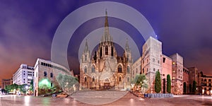 Barcelona Cathedral in the moonlit night, Spain