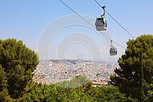 Barcelona city aerial view with Montjuic cable car Teleferic de Montjuic, Barcelona, Catalonia, Spain