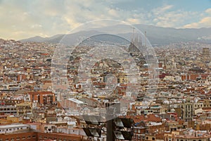 Barcelona city panoramic landscape view, Spain. Sagrada Familia church