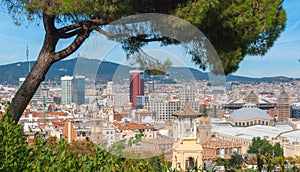 Barcelona city`s dense urban sprawl of buildings.