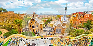 Barcelona city skyline view from famous Park Güell, Spain