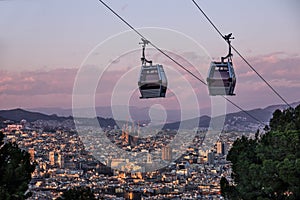 Barcelona city view, Spain. Cable car, Teleferic de Montjuic photo