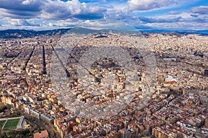 Barcelona cityline panoramic aerial view to the city from Montjuic Castle hill