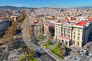 Barcelona cityscape, aerial view of La Rambla street, Catalonia, Spain