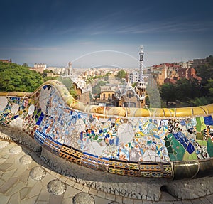 Barcelona cityscape in famous park Guell, Spain