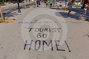 Barcelona.Graffiti protest on the road.