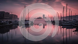 Barcelona harbor at dawn, marina with city behind, calm water, pink feather clouds, AI generative