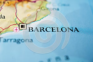 Barcelona location on close up vintage map..