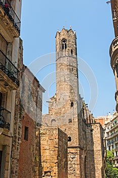 Barcelona: medieval Tower of Santa Agata Chapel. also known as King`s Chapel, in the heart of Barri Gotic gothic quarter.