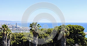Barcelona panorama from Montjuic Castle, with palm trees and the Balearic Sea