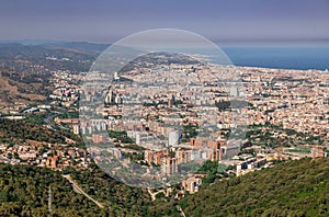 Barcelona, panoramic view of the city in Catalonia Spain, seen from Tibidabo Hill