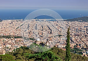 Barcelona, panoramic view of the city in Catalonia Spain, seen from Tibidabo Hill