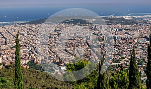 Barcelona, panoramic view of the city in Catalonia Spain, seen from Tibidabo Hill